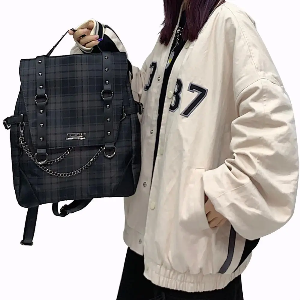 

2025 New Gothic Punk Rock Checked Casual All-match Bags Chain Backpack Niche Vintage Y2k Backpacks
