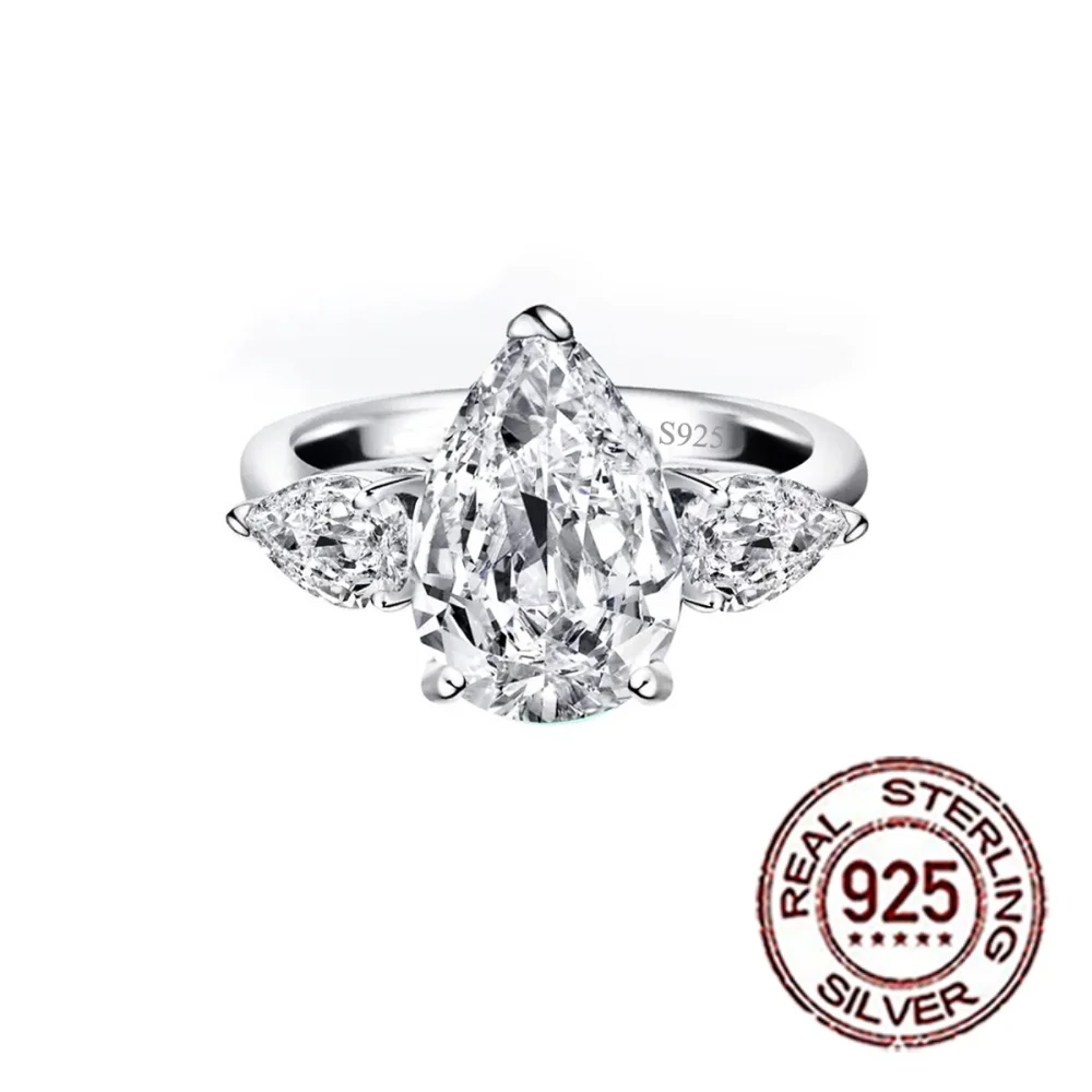 CWWZircons Luxus-Verlobungsringe mit tropfenförmigem CZ-Mittelstein und 3 Steinen aus 925er Sterlingsilber, Jahrestag, Hochzeitsgeschenk für Damen, SR106