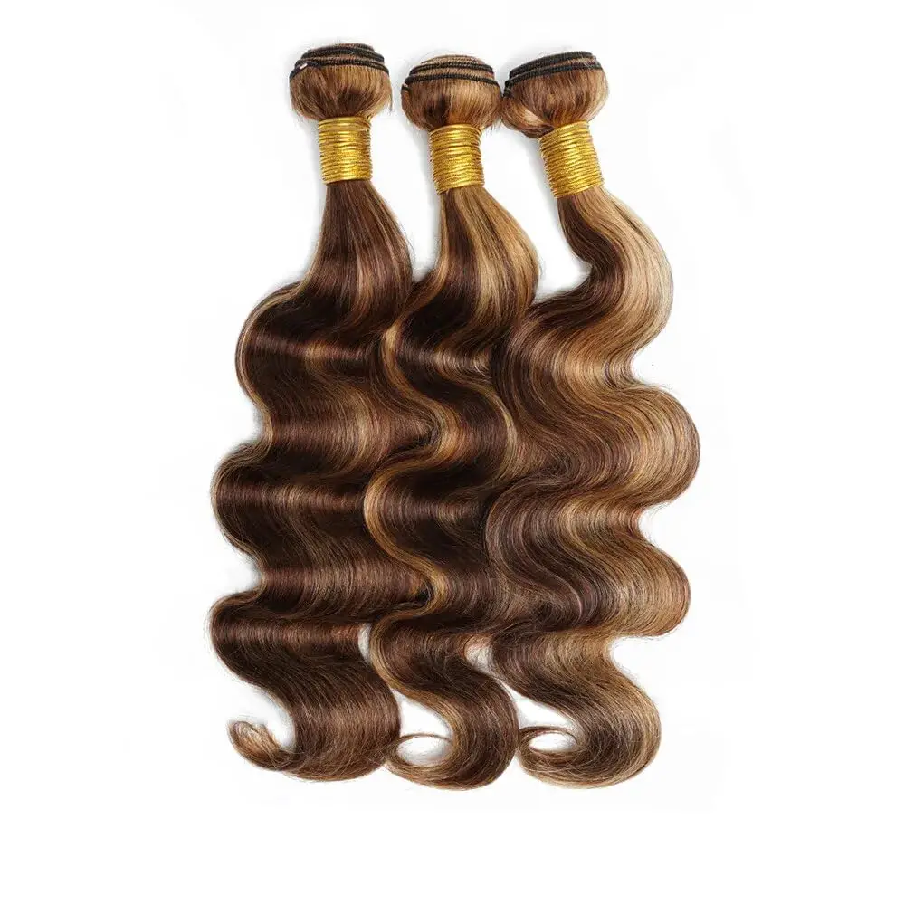 Honey Blonde Highlight Human Hair Bundles Brazilian Body Wave 3 Bundles 24 26 28 inch, 100% Virgin Human Hair Bundles