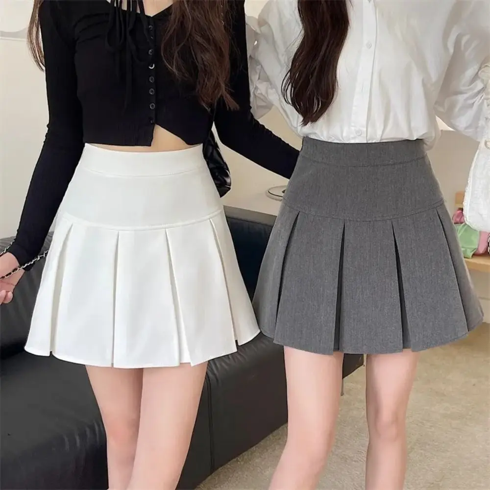 Fashion High Waist Pleated Mini Skirts Y2k Simple Short Dress A-line JK Short Skirt Solid Color Skirts with Safety Pants Ladies
