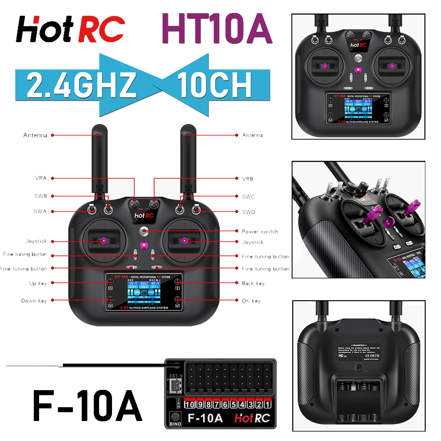 

HotRC HT10A 2.4Ghz 10CH Remote Controller F-10A Receiver DC 4V-9V Radio Transmitter 300-800m for RC Airaft Drone Quadcopter Car