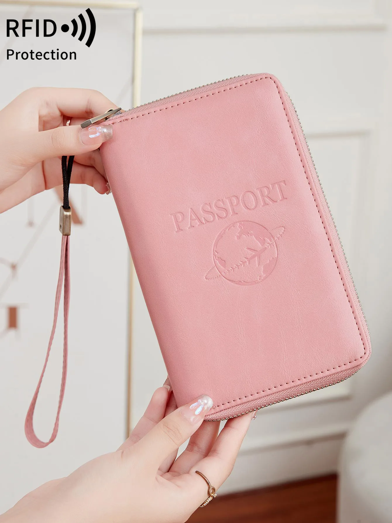 Solid color RFID portable passport holder multifunctional flight ticket passport bag with zipper and wristband travel wallet