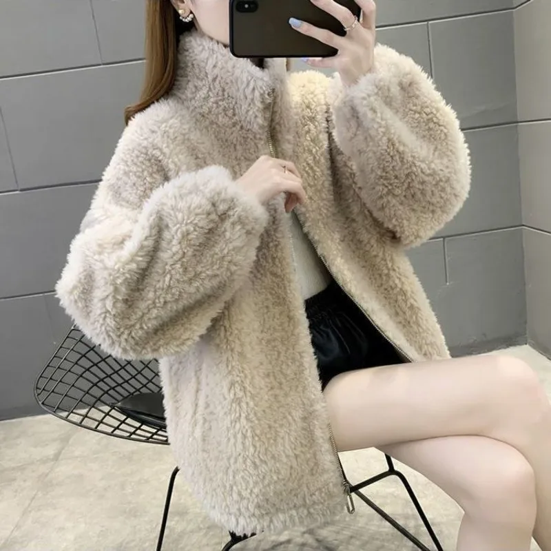 

2023 Autumn Winter New Cashmere Thickened Double-sided Cashmere Stand Collar Warm Cardigan Zipper Casual Short-Length Coat