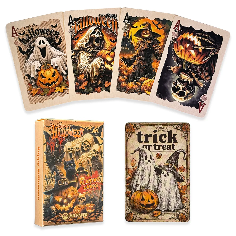 55pcs Vintage Halloween Playing Cards Deck Spooky Pumpkin Skeleton Poker Cards Dark Gothic Board Game Family Party Prop Gift
