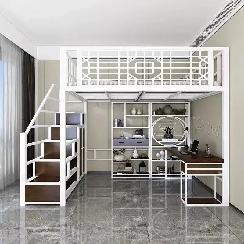 Настраиваемая новая кровать-чердак в китайском стиле с листом на верхнем этаже, железный каркас для маленькой квартиры, детской квартиры