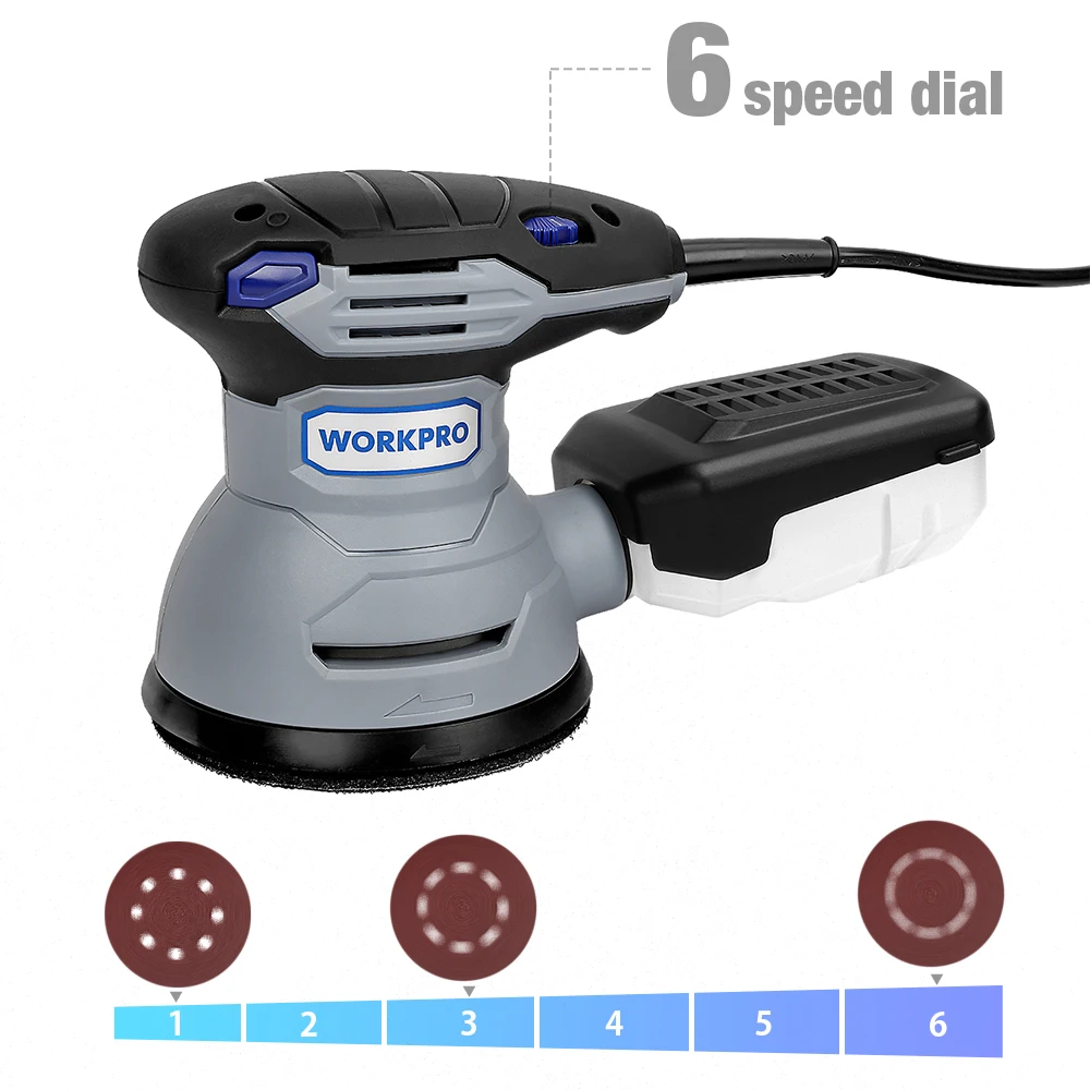 WORKPRO 300W Random Orbital Electric Sander Machine with 10Pcs 125mm Sandpapers 220-240V Strong Dust Collection Polisher