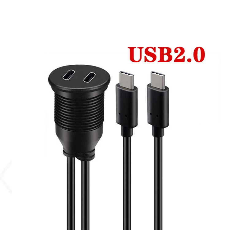 USB 2.0 3.0 3.1 Type C Male to Female Car Mount Flush Cable Waterproof Extension Dual 2 Port for Car Truck Boat Motorcy Panel 1M