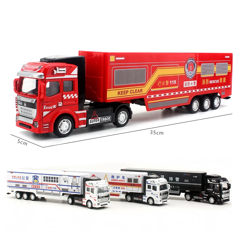 Diecast Alloy Truck Model Toy Container Truck Pull Back Public Security Fire Rescue Transport Vehicle For Children 1pcs 1:36 B53