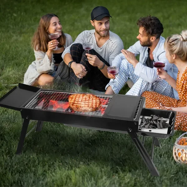 

Foldable Charcoal BBQ Grill with Shelf, Stainless Steel Net, Portable for Camping Picnic