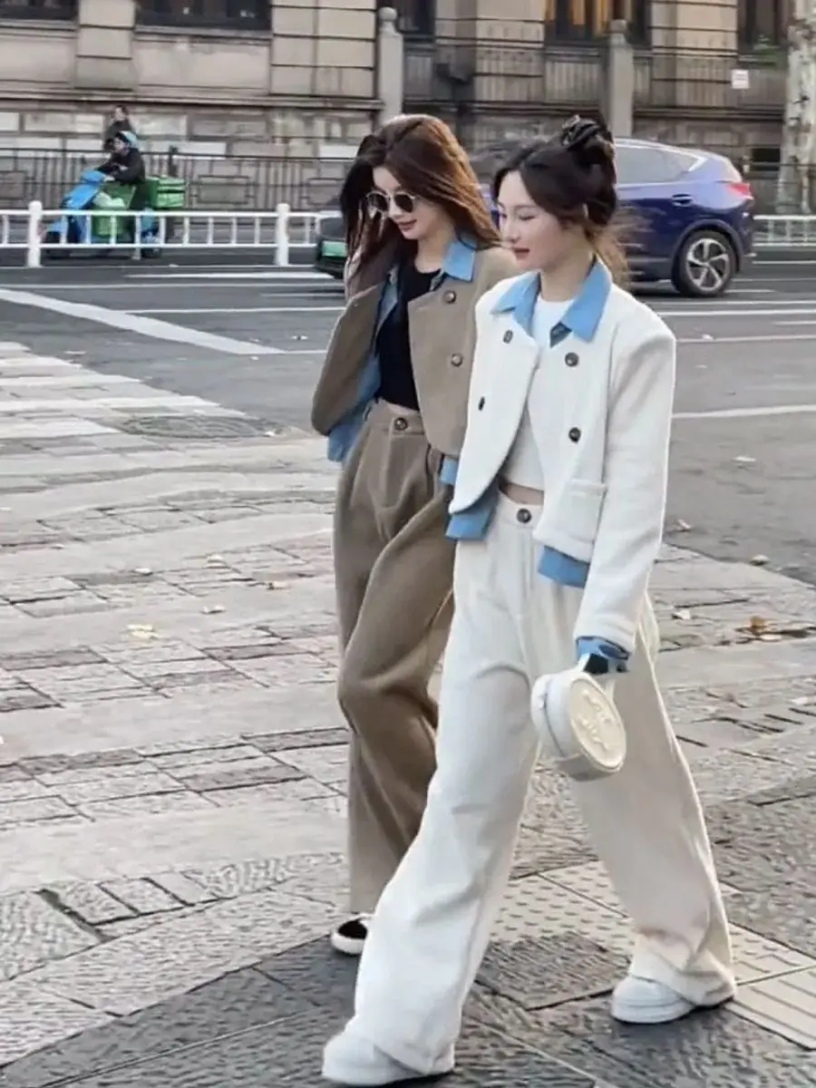 Spring and Autumn Women's Set 2023 New Korean Version Casual Versatile Fake Two Piece Suit Coat Wide Leg Pants Two Piece Set