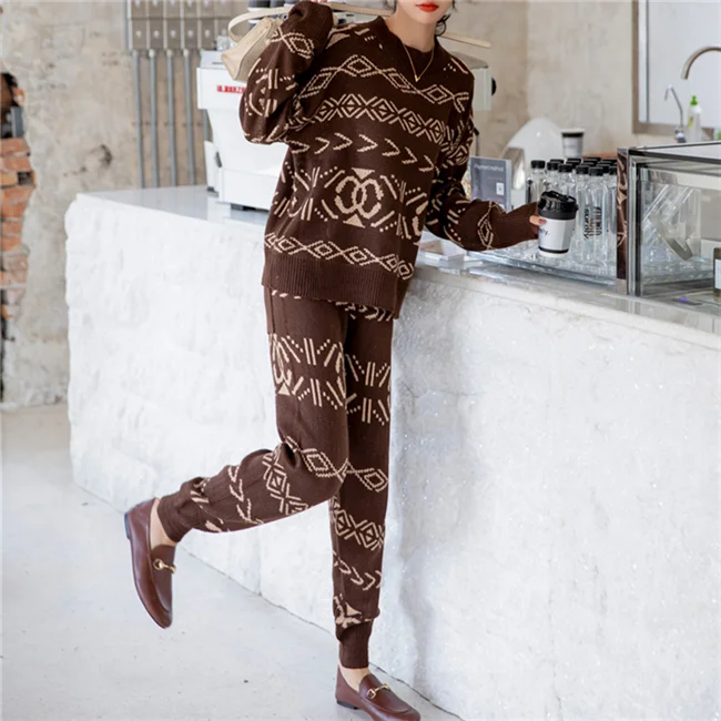 New fashion 2021 autumn and winter loose knitted trousers thick sweater women's two-piece suit