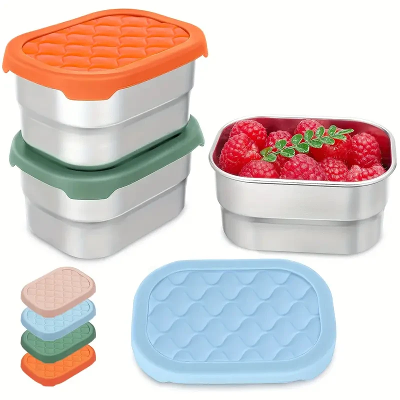 3pcs Stainless Steel Snack Box 8oz Rectangular Food Container with Leak-Proof Lid Multipurpose Small Container for Fruits Salad