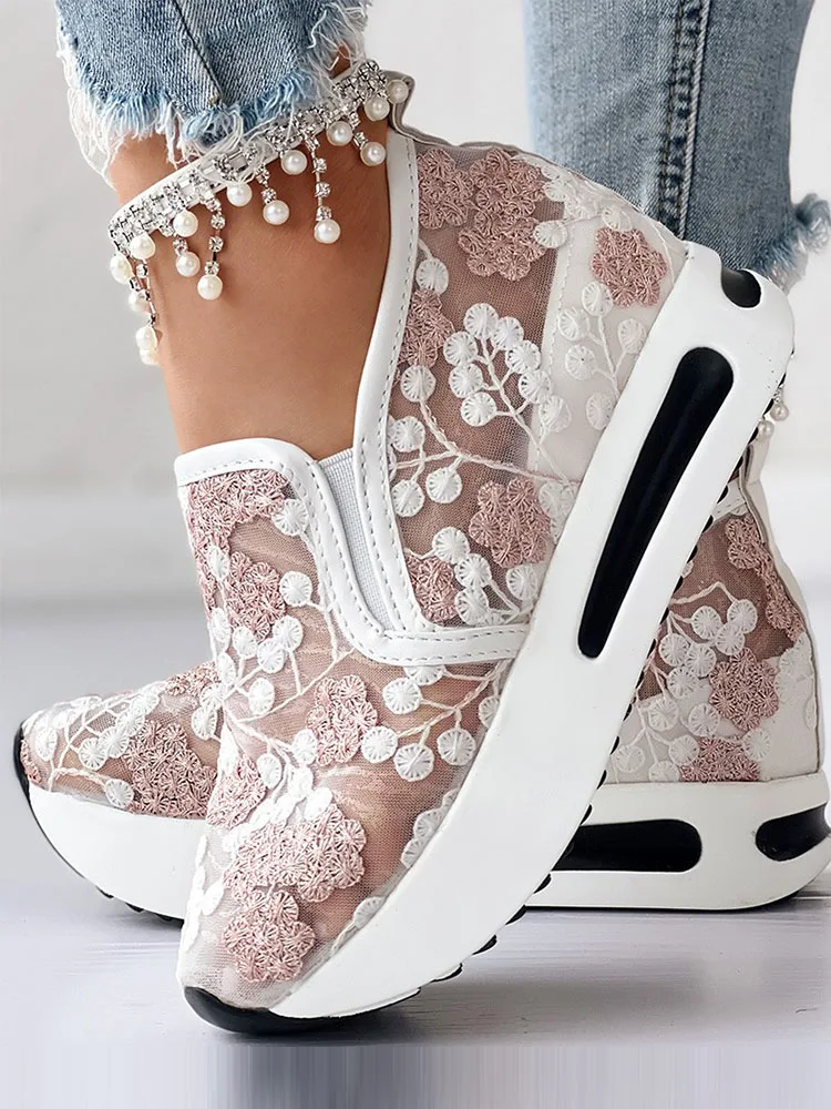 For Dropship Platform Wedges Woman Shoes 2023 New Sporty Sneakers Floral Embroidered Slip On Wedge Sneakers Comfy Shoes