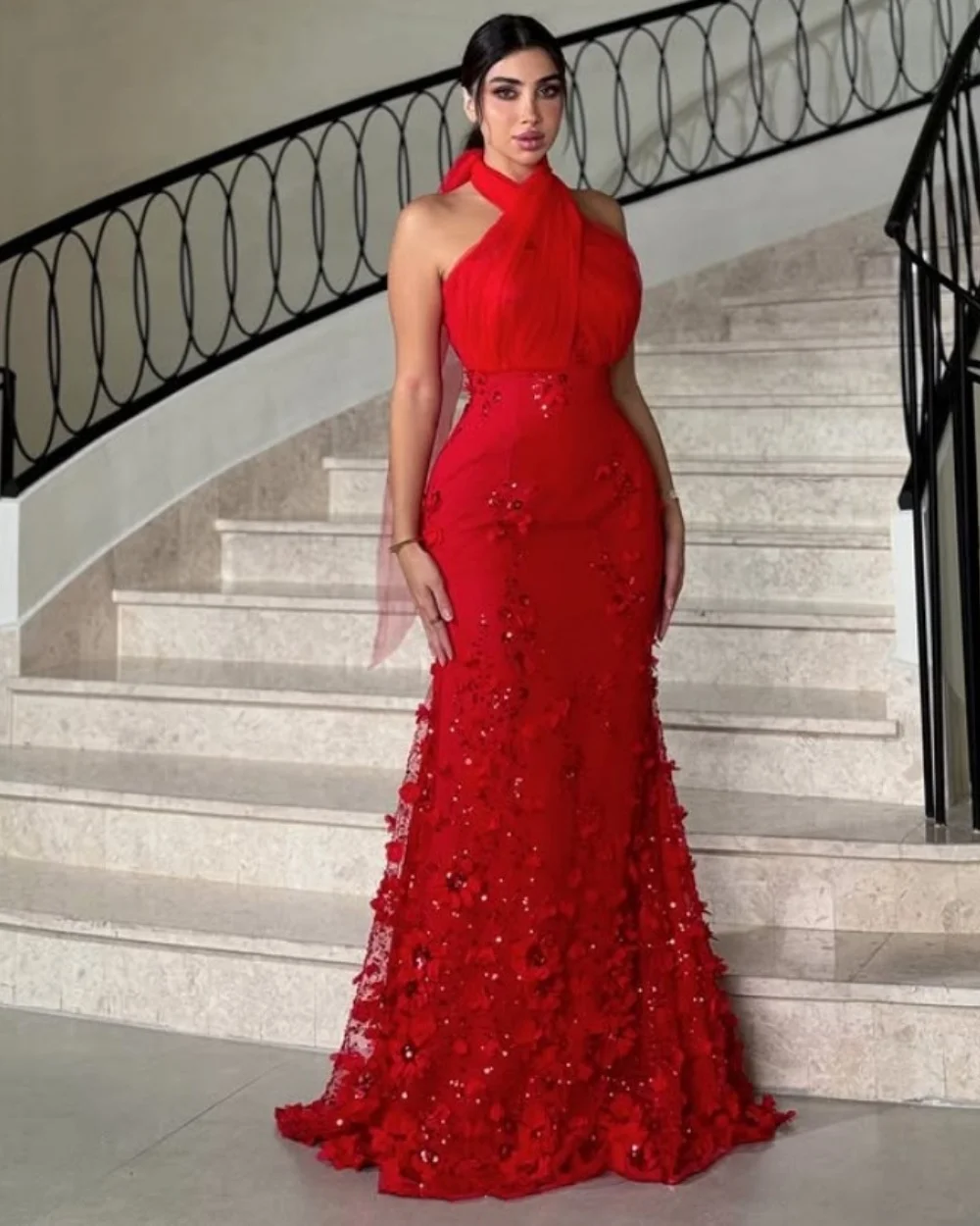 Customized Mermaid Sequined Sweep Train Backless Prom Gowns Halter Criss-Cross Draped Red Evening Dresses Appliques Party Dress