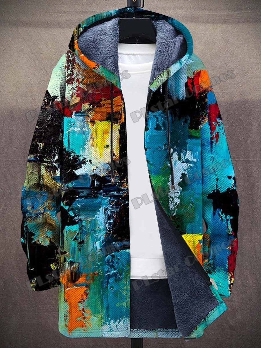 Color Oil Painting Art & Butterfly Pattern 3D Printed Mens Fashion Plush Thick Hooded Coat Winter Casual Warm zipper jacket CM04