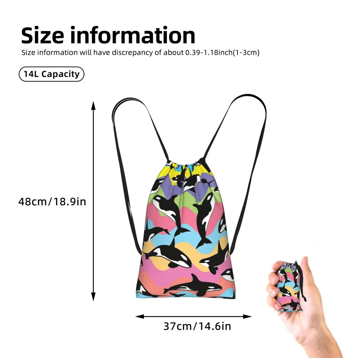 Orca Killer Whale Drawstring Backpack hiking cycling Bag Lightweight Foldable Storage Drawstring Bag for Men Women