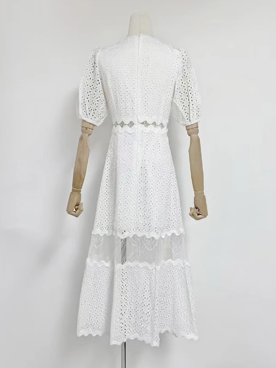 VGH Scava Fuori Abiti Solidi per Le Donne O Collo Manica Corta Onda Taglio Design Casual Vestito di Moda Femminile 2025 Estate Nuovi Abbigliamento