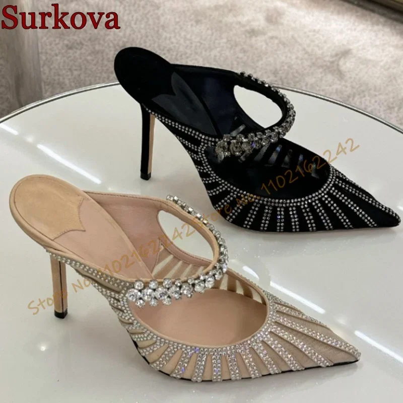 

Летние сабо со стразами, дышащие туфли-лодочки на высоком каблуке с острым носком на шпильке, модные элегантные роскошные вечерние платья, женская обувь, туфли-лодочки
