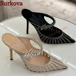 Summer Rhinestone Mules Pointed Stiletto Breathable High Heels Pumps Fashionable Elegant Luxury Party Dress Women'S Shoes Pumps
