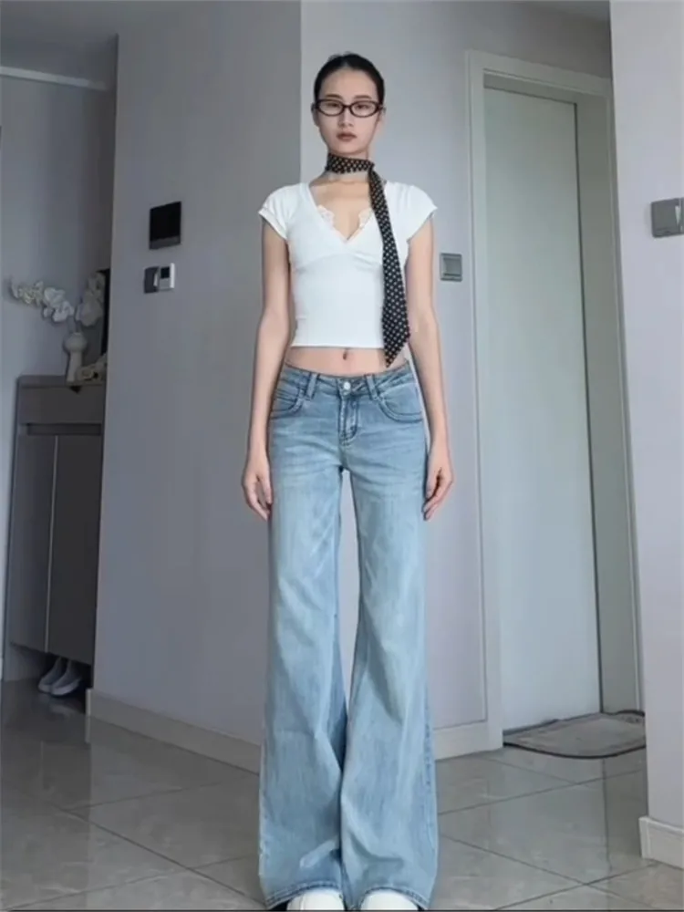 

Джинсы женские широкие с высокой талией, свободного кроя, с эффектом похудения, с низкой посадкой, слегка расклешенные, синие, повседневные, весенние, из денима, больших размеров