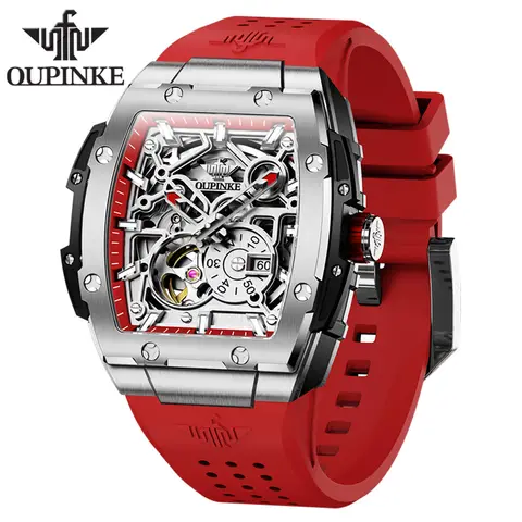OUPINKE Mens Watch Brand Tonneau Automatic Mechanical Luminous Original Hollowing Out Movement Sapphire Independent Second Dial
