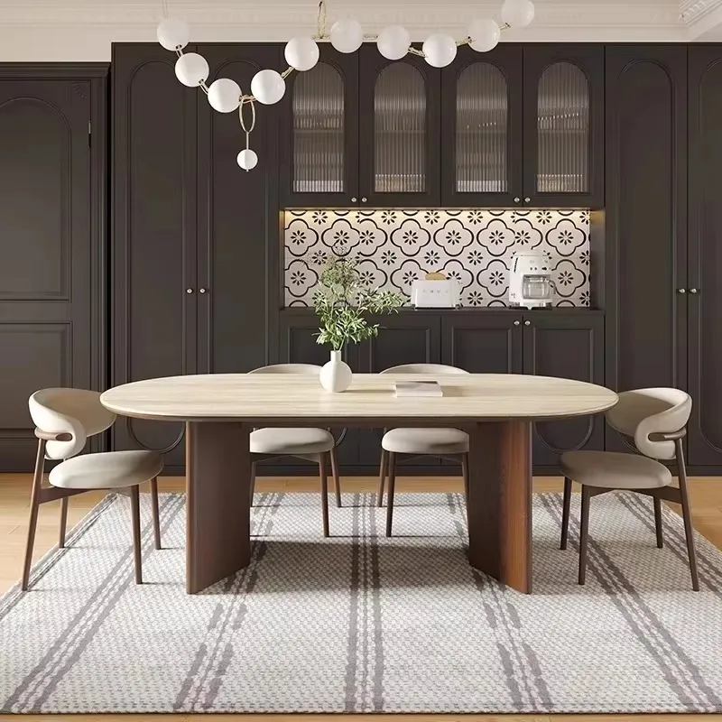 Mid‑Century Luxury Modern Oval Marble Solid Wood Dining Table Set 4‑6 Seater Travertine Design Kitchen Home Furniture