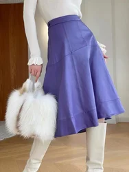 Lavander Leather Skirt For Women High End Soft Sheepskin A-line Short Front Long Back Faldas Mujer Large Swing Umbrella Skirts
