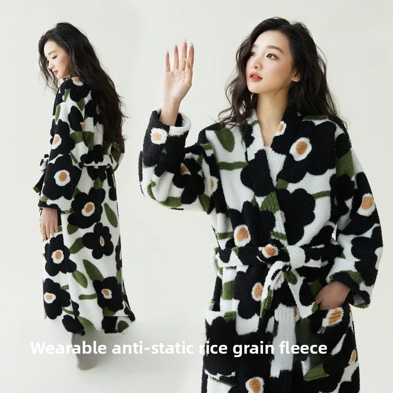 New Autumn Winter Coral Fleece Thickened Women Bathrobes Loungewear Anti-static Warm Pajamas Long Robe