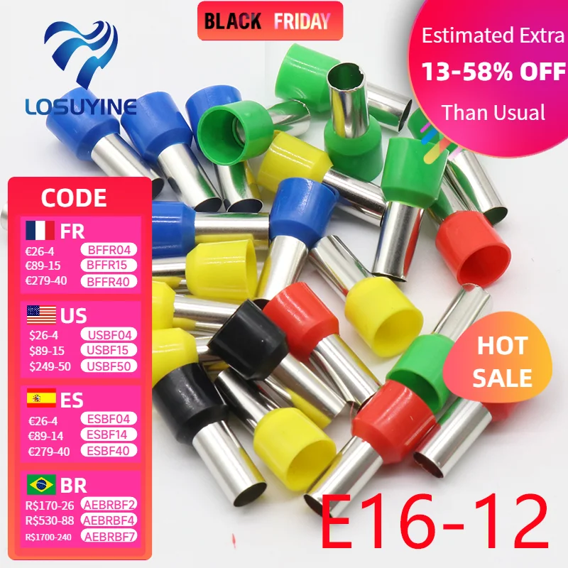 E16-12 Tube insulating Insulated terminals 16MM2 Cable Wire Connector Insulating Crimp Terminal 100PCS/Pack Connector E-