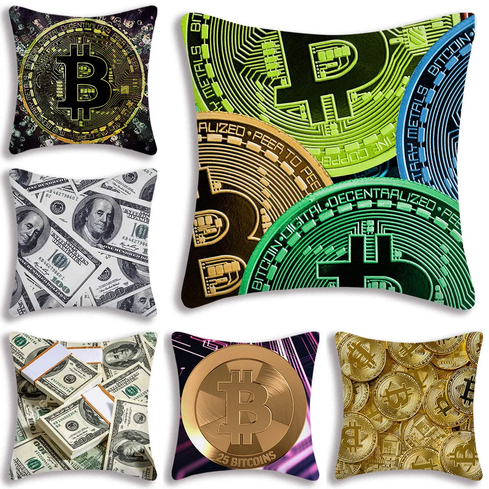 Bitcoin Coin Soft USD Pillow Covers Cartoon Sofa Decorative Home Double-sided Printing Short Plush Cute Cushion Cover