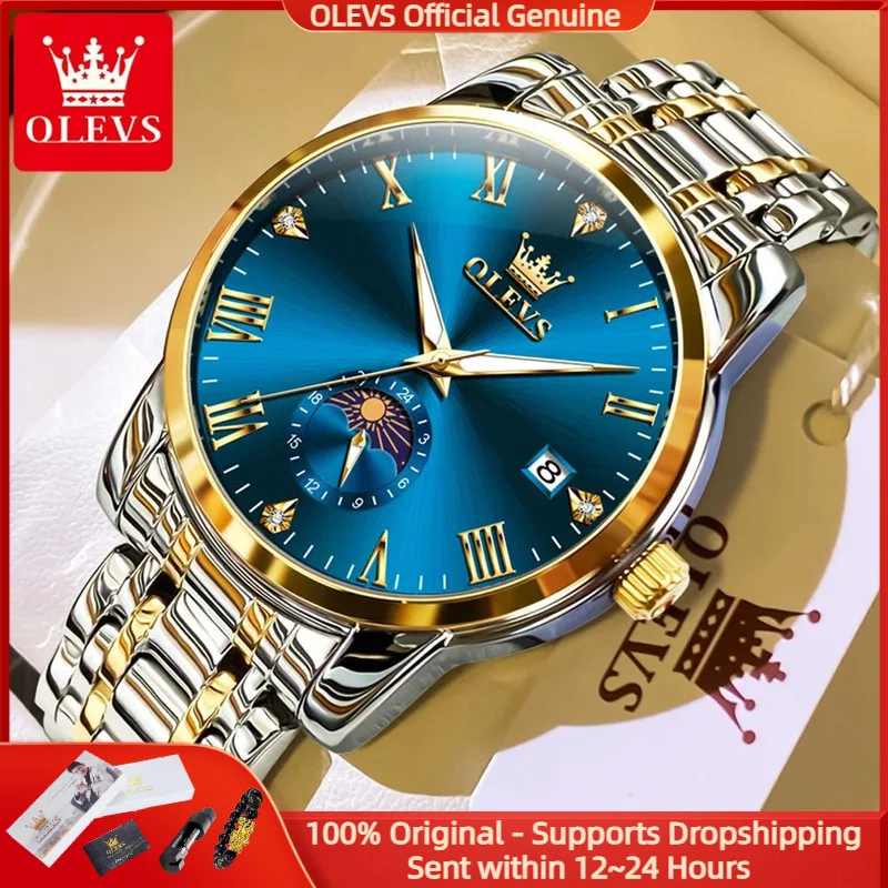

OLEVS 3656 Moon Phase Men's Watches Auto Date Deep Waterproof Roman Dial High Quality Stainless steel Original Watch For Men NEW