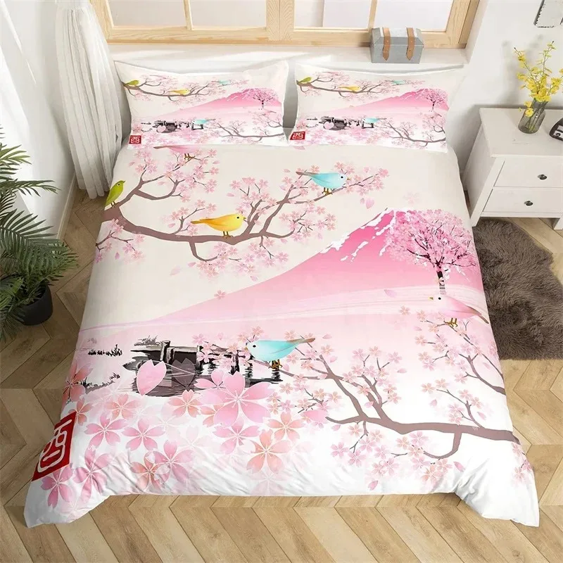 

Japanese Fuji Mountain Duvet Cover Cherry Blossoms Bedding Set Microfiber Natural Landscape Quilt Cover Single Double King Size