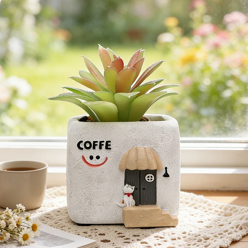 Cartoon Hand Painted Countryside Cottage Resin Succulent Planter, Tabletop Garden Balcony Corner Landscape Flowerpot Container
