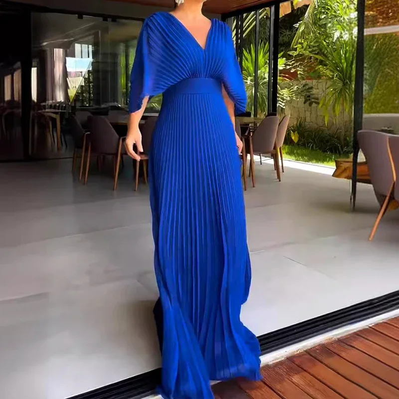 Women\'s Casual 3/4 Sleeved Solid Robe Dresses Summer Hollow Backless Pleated Long Dress Elegant V-neck High Waist Evening Dress