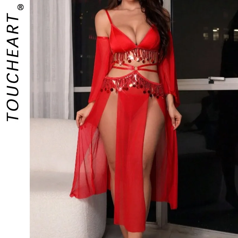 Toucheart مجموعات الملابس الداخلية الغريبة مغر شبكة الجوف خارج المرقعة المرأة سليم يغرق سيسي أنيقة جمع معا مجموعة الملابس الداخلية #1