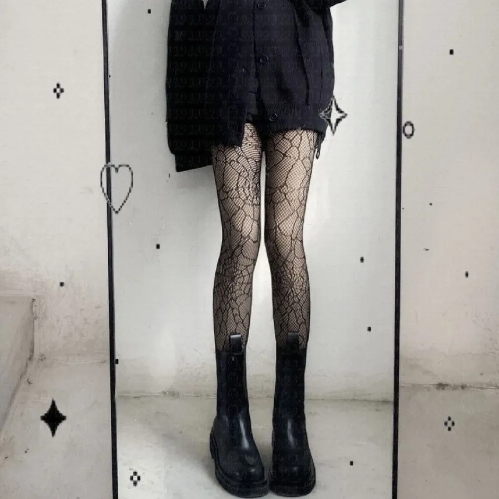 ลายฮาโลวีน Y2K Fishnet Tights ตาข่าย Hollow โปร่งใส Gothic Lolita JK ถุงน่องยาว Punk Harajuku