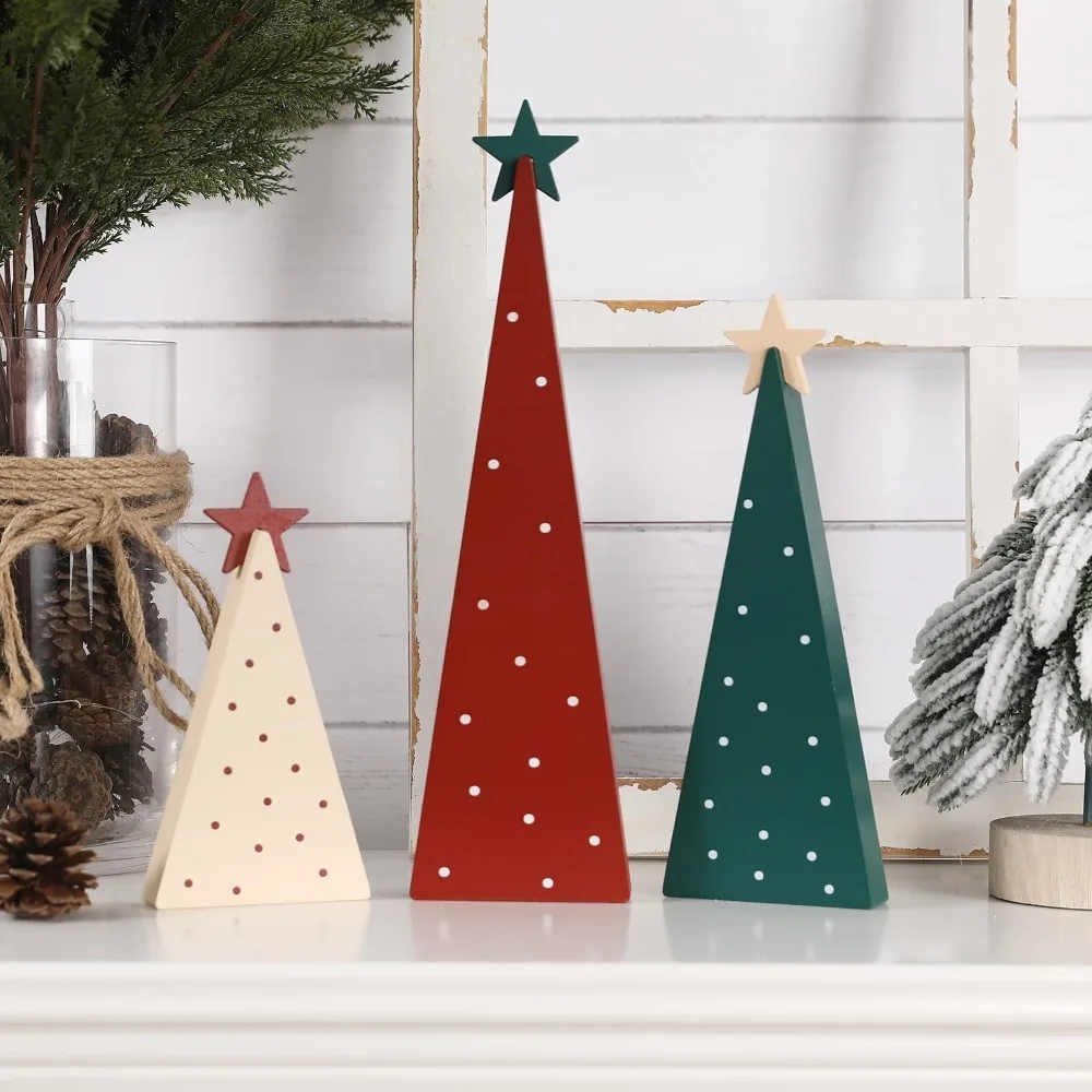 3Pcs/set Wood Christmas Tree Ornament Dotted Triangle Christmas Tree Figurines with Star Topper Three Sizes Desktop Decoration