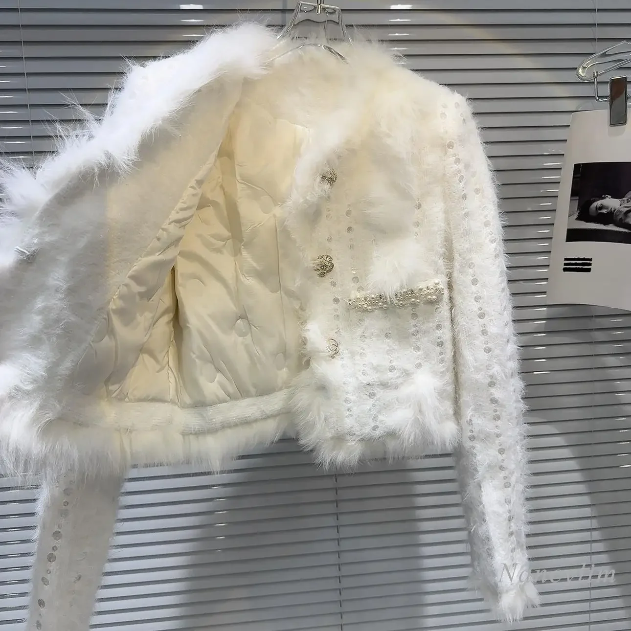 Doublure courte en duvet de plumes pour femme, manteau de luxe léger, perle, renard perlé, vison, veste blanche, hiver, nouveau, 2024