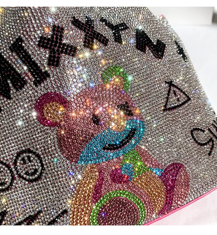 Hot Pink Cartoon Cute Bear Bucket Bag Women\'s Handbag Crystal Shiny Rhinestone Diamonds Evening Bag Wedding Party Clutch Purse