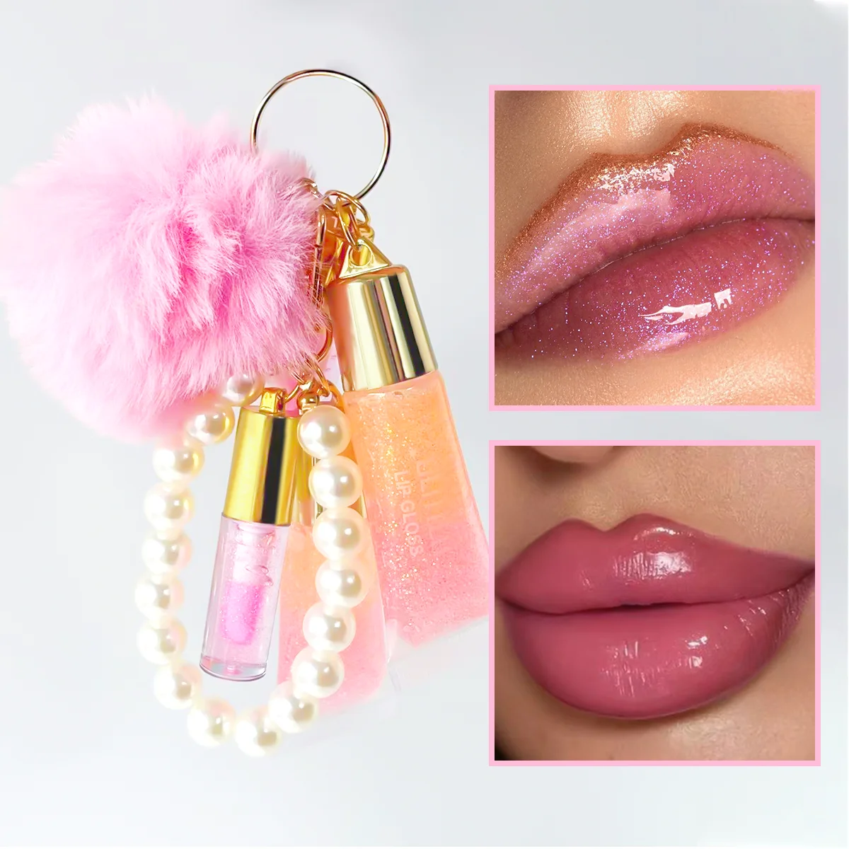 2PCS Warm Change Lip Gloss Set with Pearl Pendant 3-in-1 Lip Oil Lipstick Valentine's Day Gift Lip Gloss