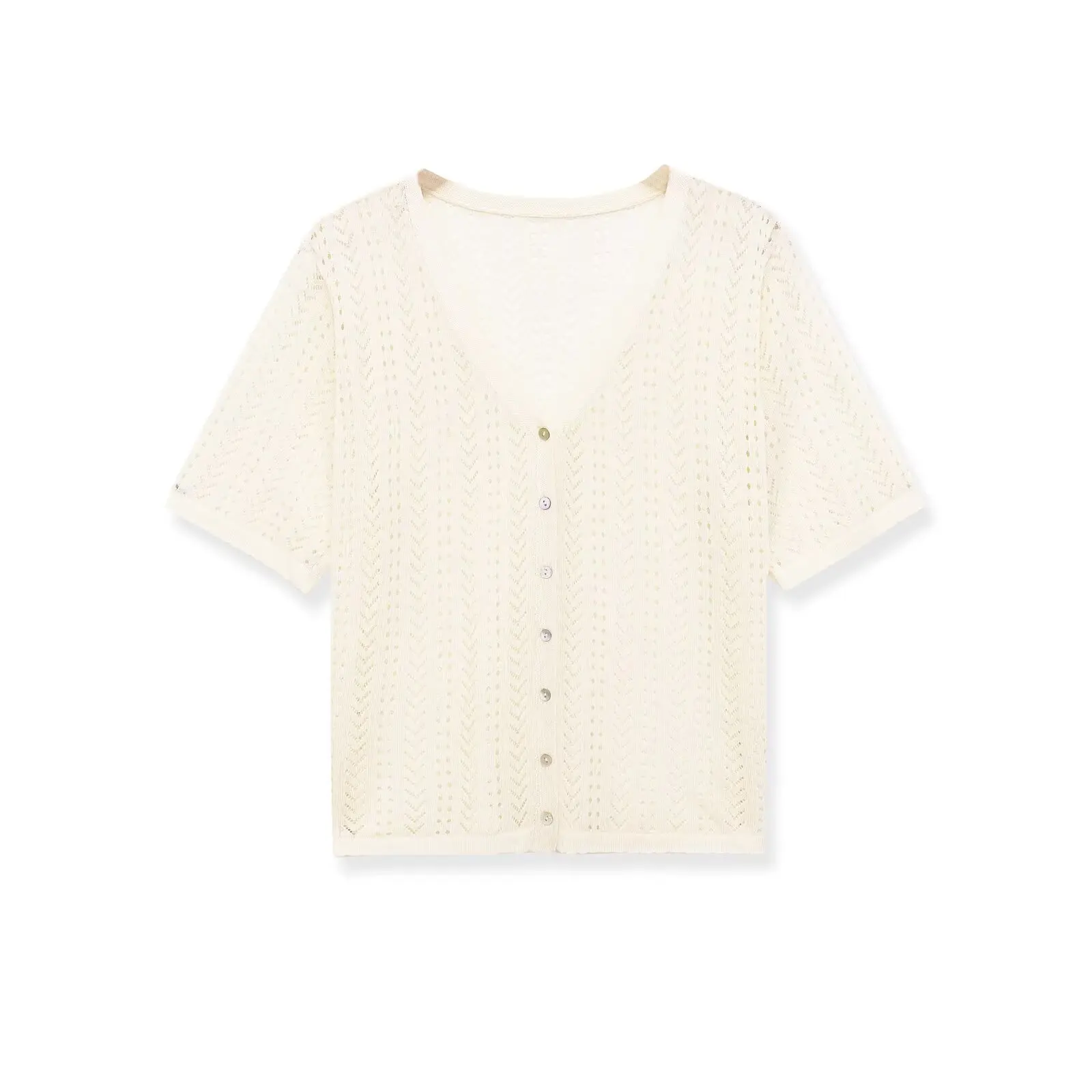 

WOMEN 2026 Summer New Fashion Short-sleeved v-neck hollow Knitted Cardigan Sweater Retro Button Casual Female Outerwear Chic Top
