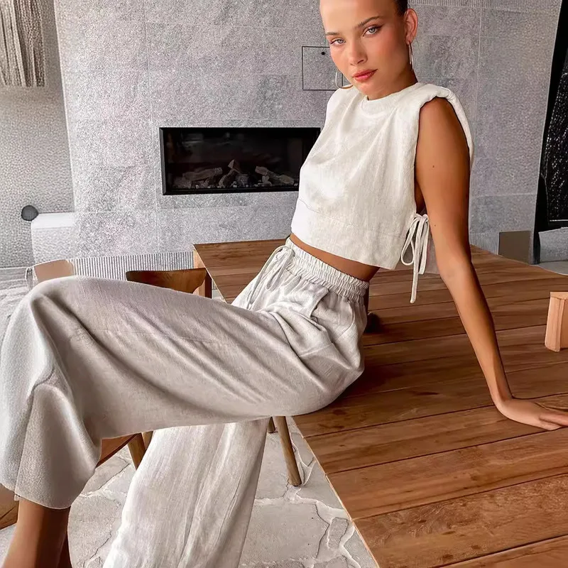 Summer New Shoulder Padded Sleeveless Top And Pants Two-piece European And American Casual Fashion Cotton And Linen Women's Wear