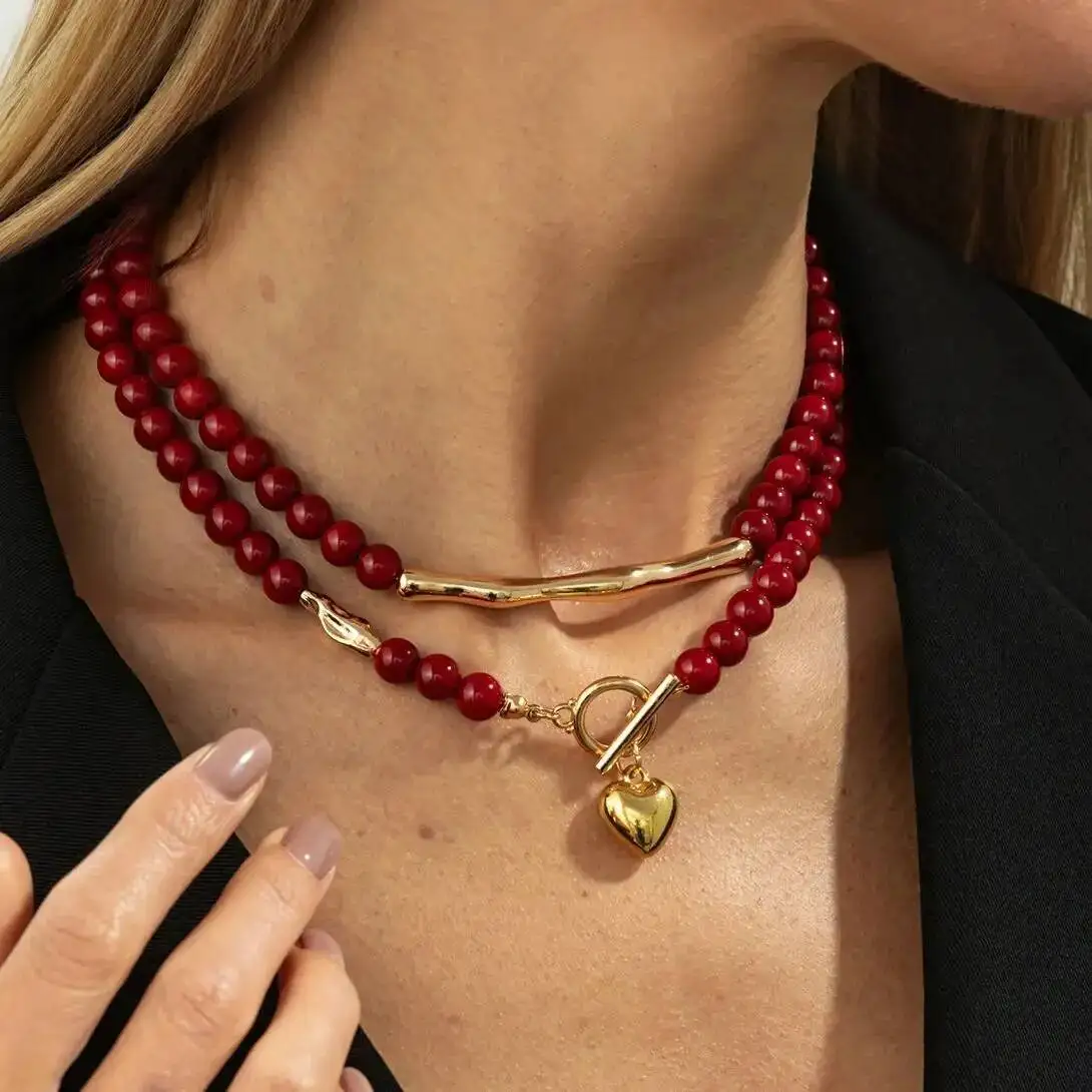 Salircon Trendy Red Acrylic Beaded Chain Love Heart Pendant Necklace Women Doublelayer OT Clavicle Chain Daily Wear Jewelry