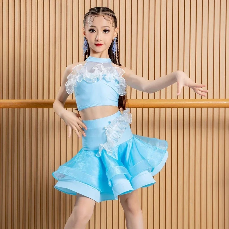 2025 New blue and black Latin dance practice costumes for girls and children, professional and high-end new performance costumes - Image 4