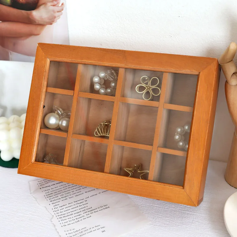 Blind Box Wooden Display Rack Retro Desktop Jewelry Box Ornament Storage Box Glass Cover Dust Stamp Box