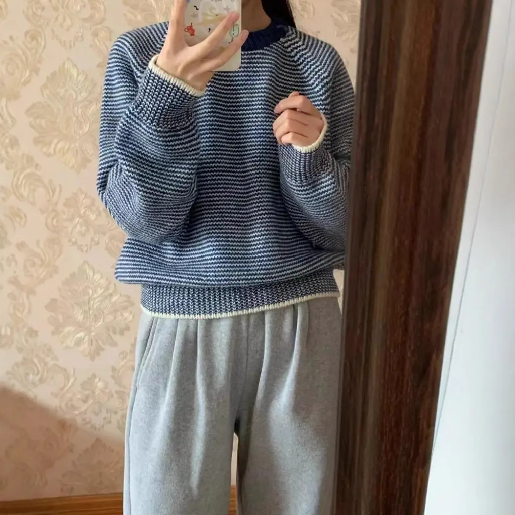 

Женский свитер с круглым вырезом и рябью, высококачественная верхняя одежда в корейском стиле, свободная посадка, осенне-зимняя весенняя верхняя одежда