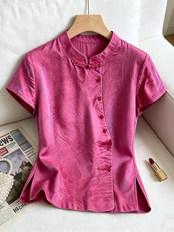

plus Size Women's Shirt New Chinese Style Short Sleeve Stand Collar Pink Button Design Slimming Top Commute Fashion 2026 Summer