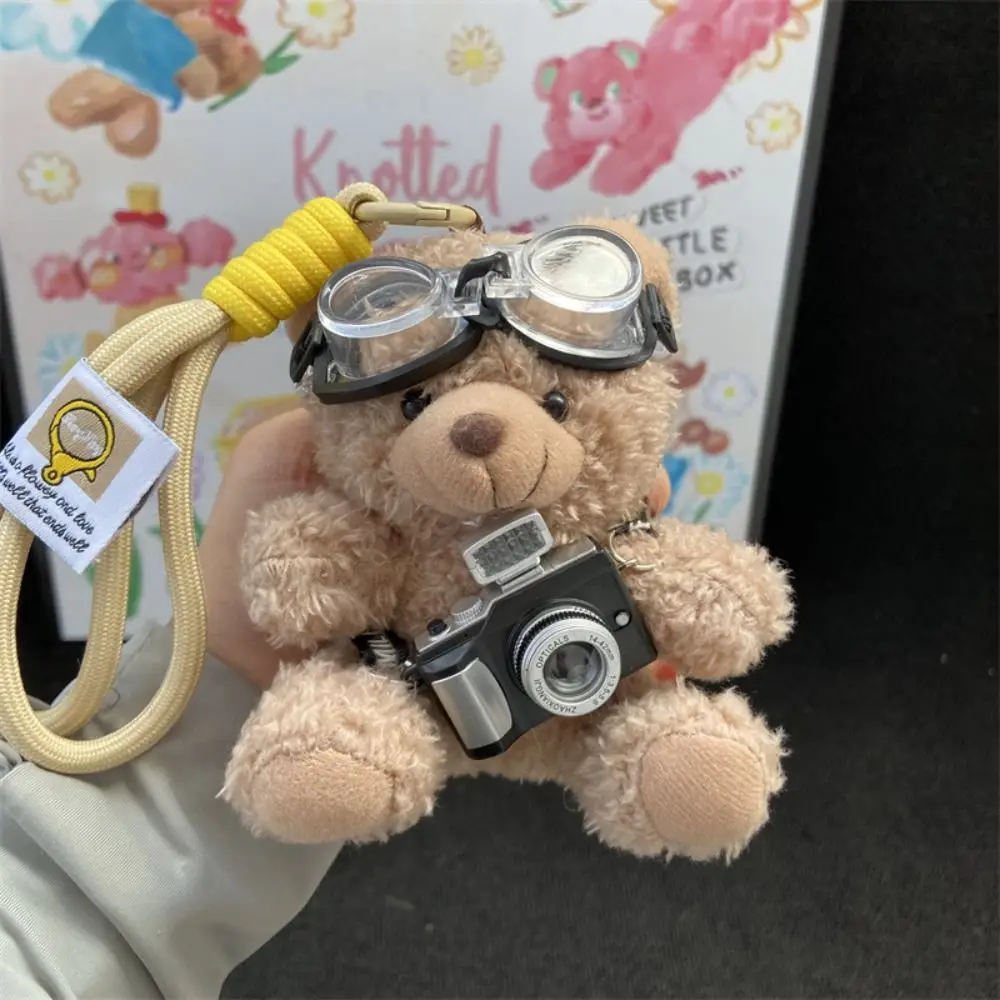 Adorável com óculos piloto urso chaveiro câmera de pelúcia panda boneca chaveiro animais bonitos urso boneca saco pingente charme