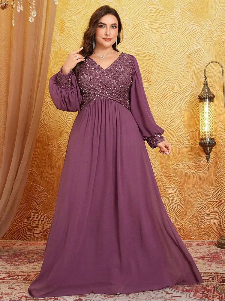 Plus Size V-Neck Chiffon Sequin Pink Floor-Length Evening Dress 4xl 5xl Big Size Big Size Long-Sleeved Wedding Bridesmaid Dress