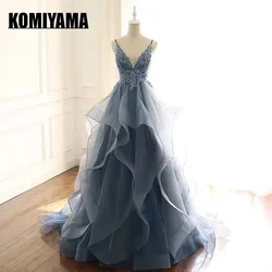 Customized New Sexy V-neck Halter Strap Prom Dresses 2024 Mesh Tiered Sling Appliqué Prom Dresses Lace Elegant Blue Evening Dres